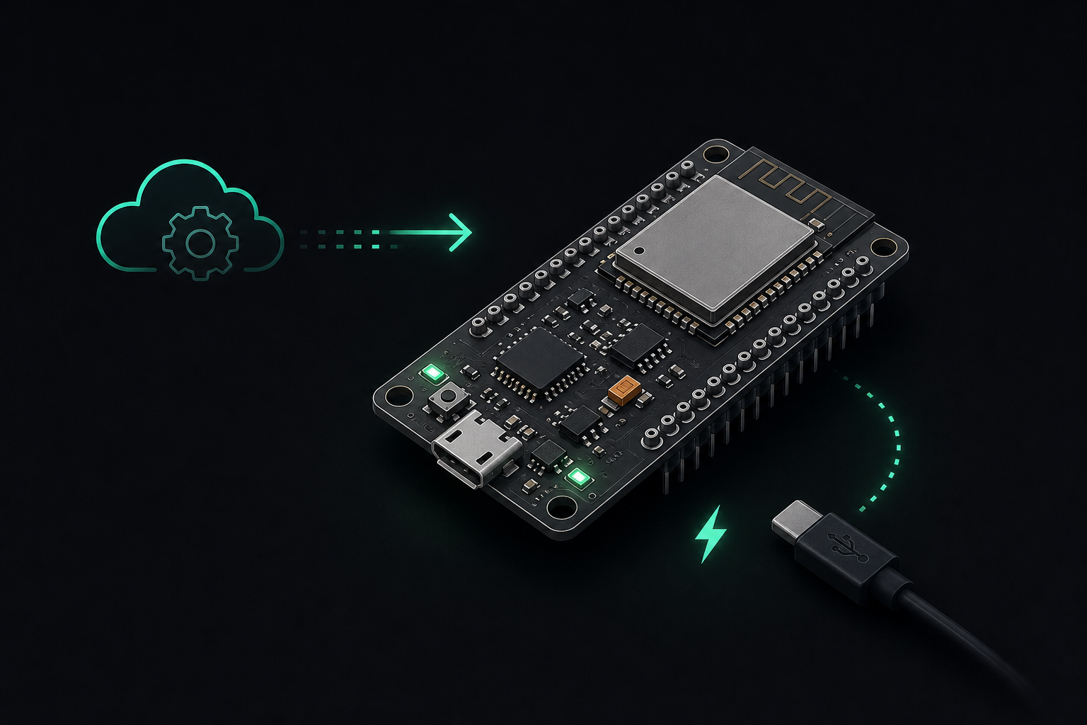 Stylized ESP32 board connected to a cloud build workflow