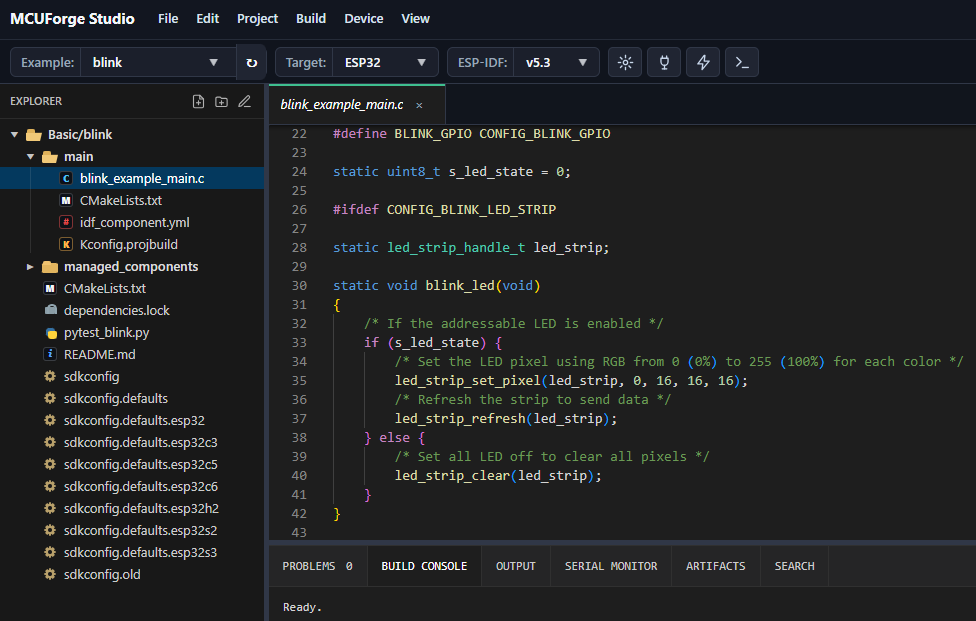 ESP32 Studio IDE showing an ESP-IDF blink project, file explorer, code editor, and build panels